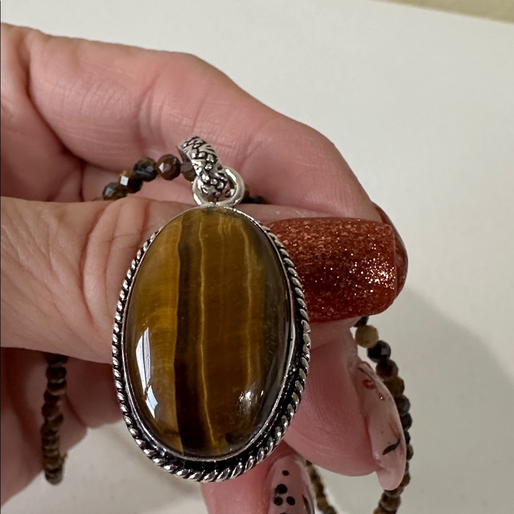 Genuine Tiger’s Eye Silver Plated Pendant and Tiger’s Eye Beaded Necklace - Picture 10 of 12